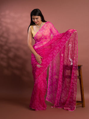 Chiffon Bandhani style With Vintage Work Saree in pink colour
