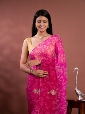 Chiffon Bandhani style With Vintage Work Saree in pink colour