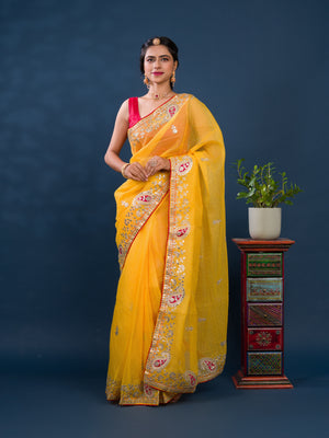 Bikaneri Kota Doria saree in yellow color
