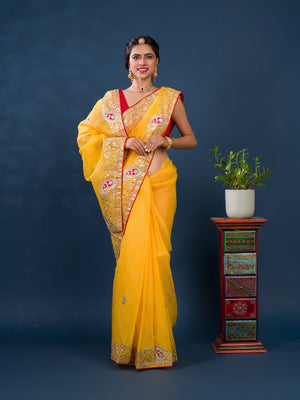 Bikaneri Kota Doria saree in yellow color