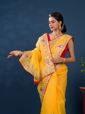 Bikaneri Kota Doria saree in yellow color