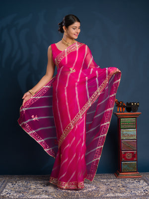 Pink saree with gold patterns Organza Leheriya Style With Gotapatti Work