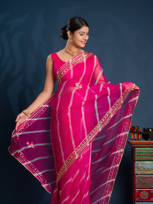 Pink saree with gold patterns Organza Leheriya Style With Gotapatti Work