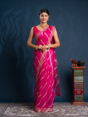 Pink saree with gold patterns Organza Leheriya Style With Gotapatti Work