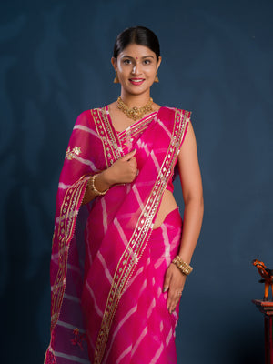 Pink saree with gold patterns Organza Leheriya Style With Gotapatti Work