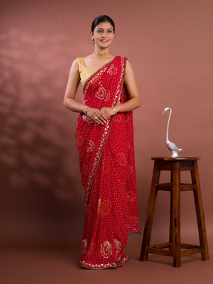 By New Chiffon Bandhani Style With Gotapatti Work Saree