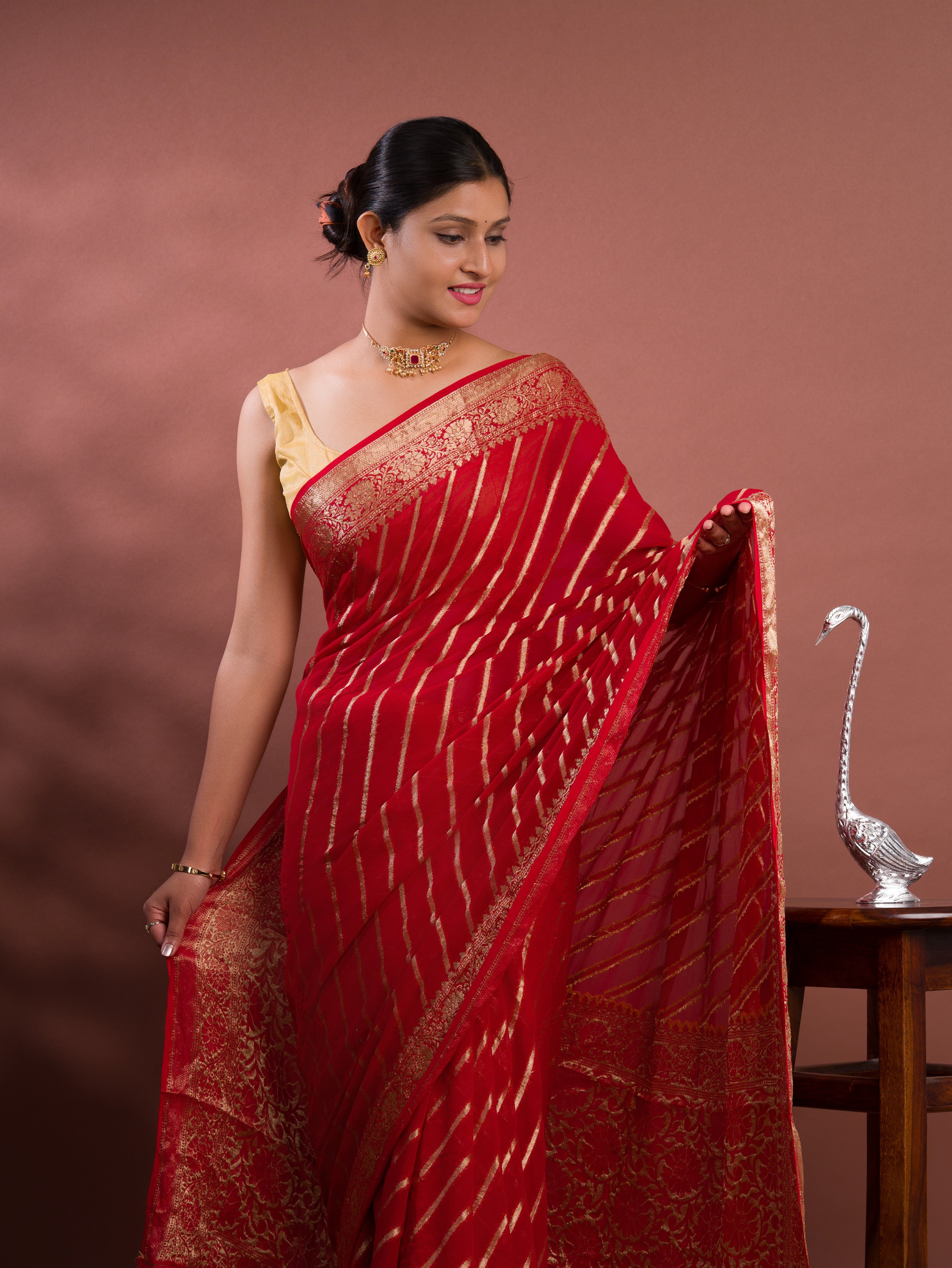 Tanmira New Launch Pure khaddi Georgette Banarasi Handloom Leheriya Zari Weaving Saree MAHA