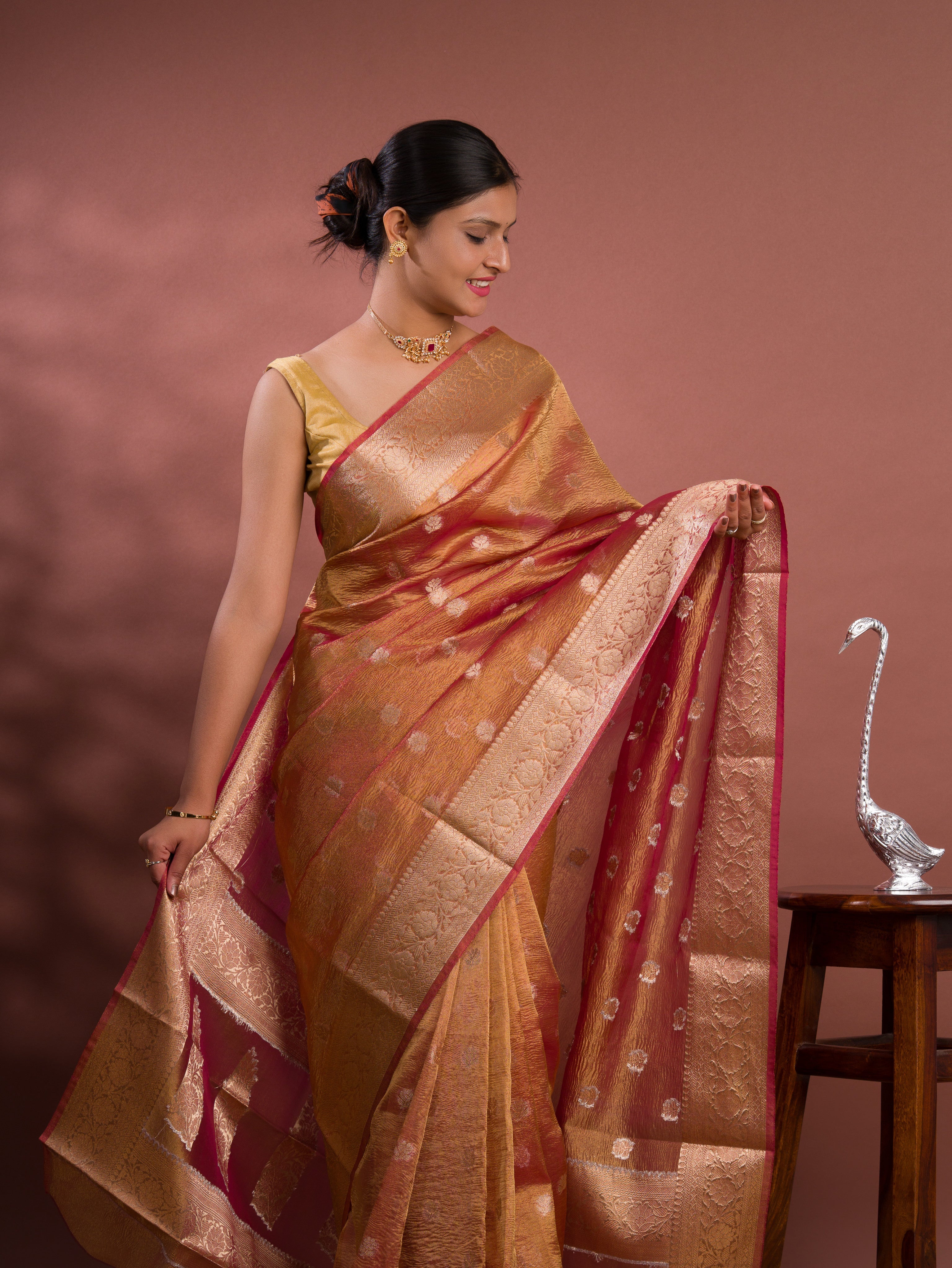 Tanmira Pure Banarasi Crush Tissue silk Handloom Zari Border Saree INA