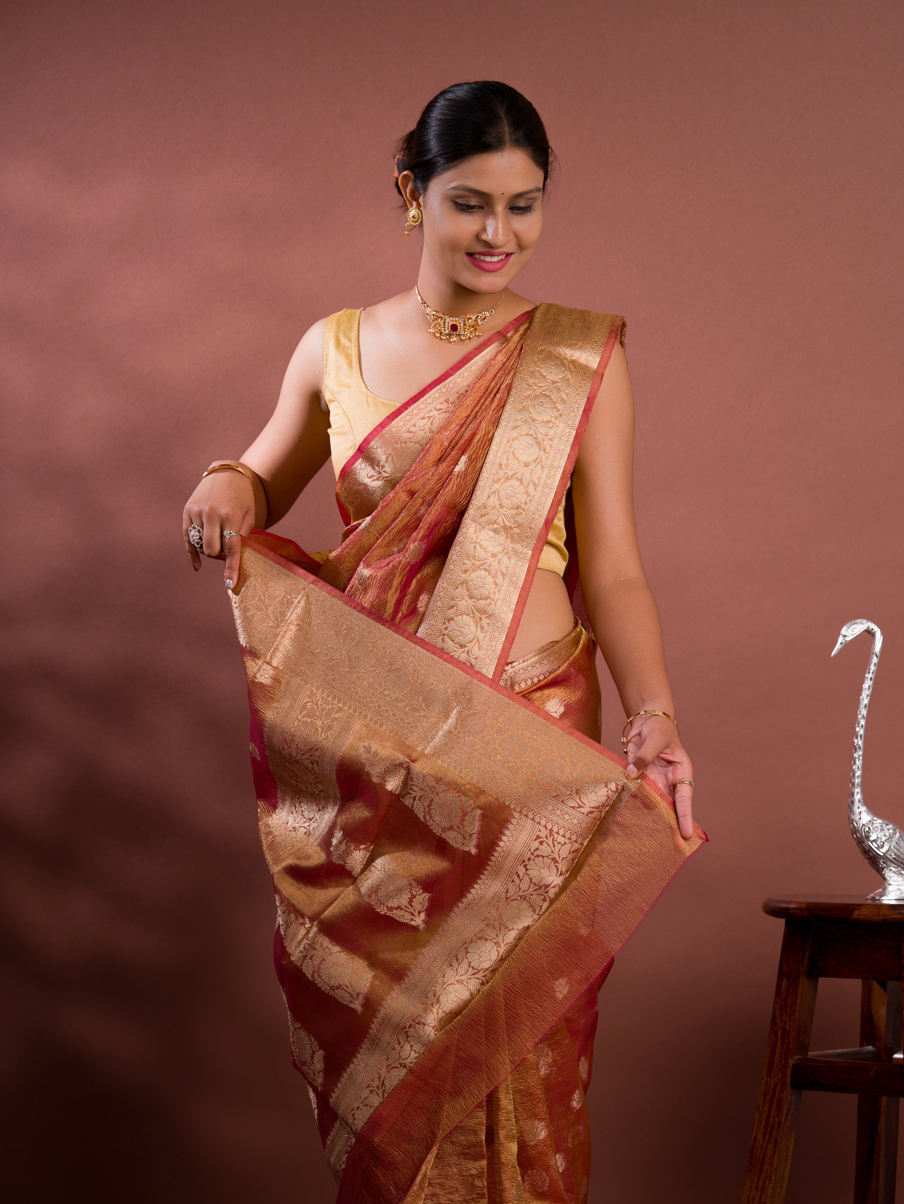 Tanmira Pure Banarasi Crush Tissue silk Handloom Zari Border Saree INA