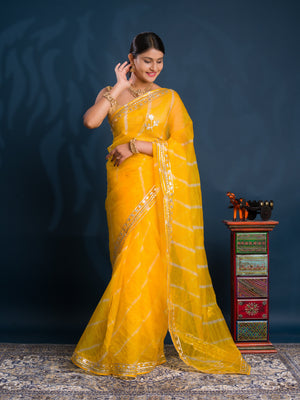 Organza Leheriya Style With Gotapatti Work Saree in Yellow colour
