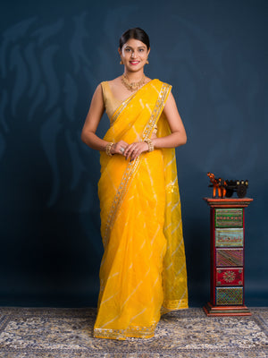 Organza Leheriya Style With Gotapatti Work Saree in Yellow colour