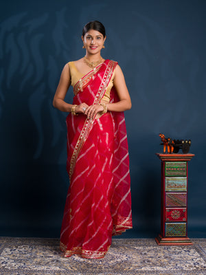 Red saree with gold patterns Organza Leheriya Style With Gotapatti Work