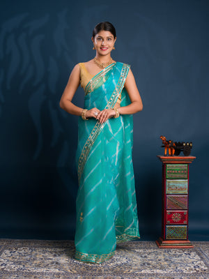 Teal sareewith Silver patterns Organza Leheriya Style With Gotapatti Work