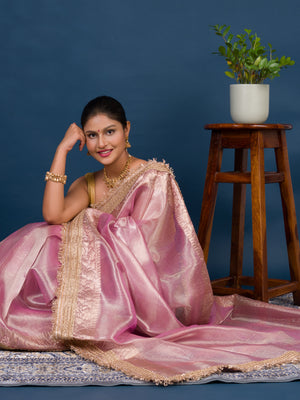 Banarasi Handloom katan silk Tissue Fabric saree in soft pink colour