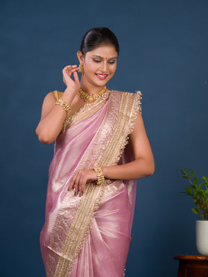 Banarasi Handloom katan silk Tissue Fabric saree in soft pink colour