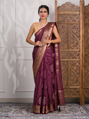 A wine and gold Upada silk saree with Bandhani style