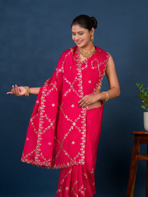 By New Designer Chinon Silk Saree with Traditional Gotapatti Work