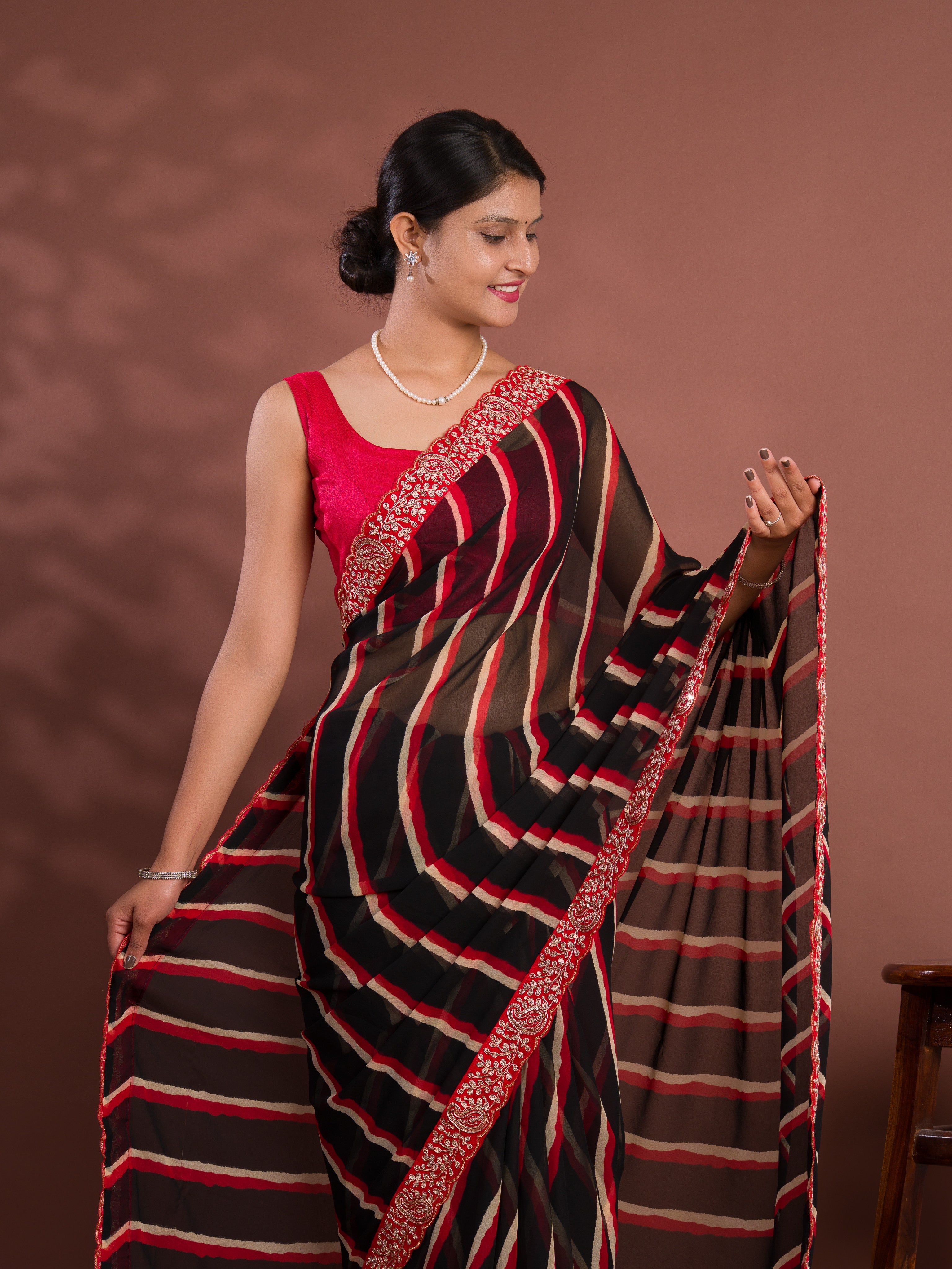 Tanmira New Launch Chiffon Leheriya Style With Embroidery Border Work Saree STL
