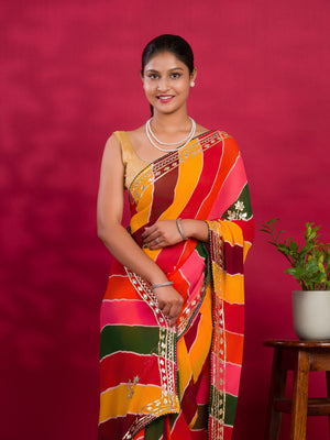 By New Latest Chiffon Leheriya Style With Gotapatti Work Saree