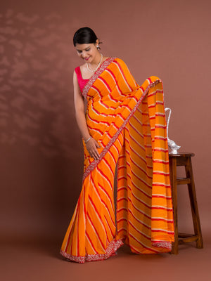 By New Beautiful Chiffon Leheriya Style With Embroidery Border Work Saree