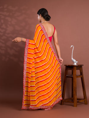 By New Beautiful Chiffon Leheriya Style With Embroidery Border Work Saree