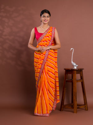 By New Beautiful Chiffon Leheriya Style With Embroidery Border Work Saree