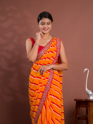 By New Beautiful Chiffon Leheriya Style With Embroidery Border Work Saree