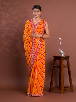 By New Beautiful Chiffon Leheriya Style With Embroidery Border Work Saree