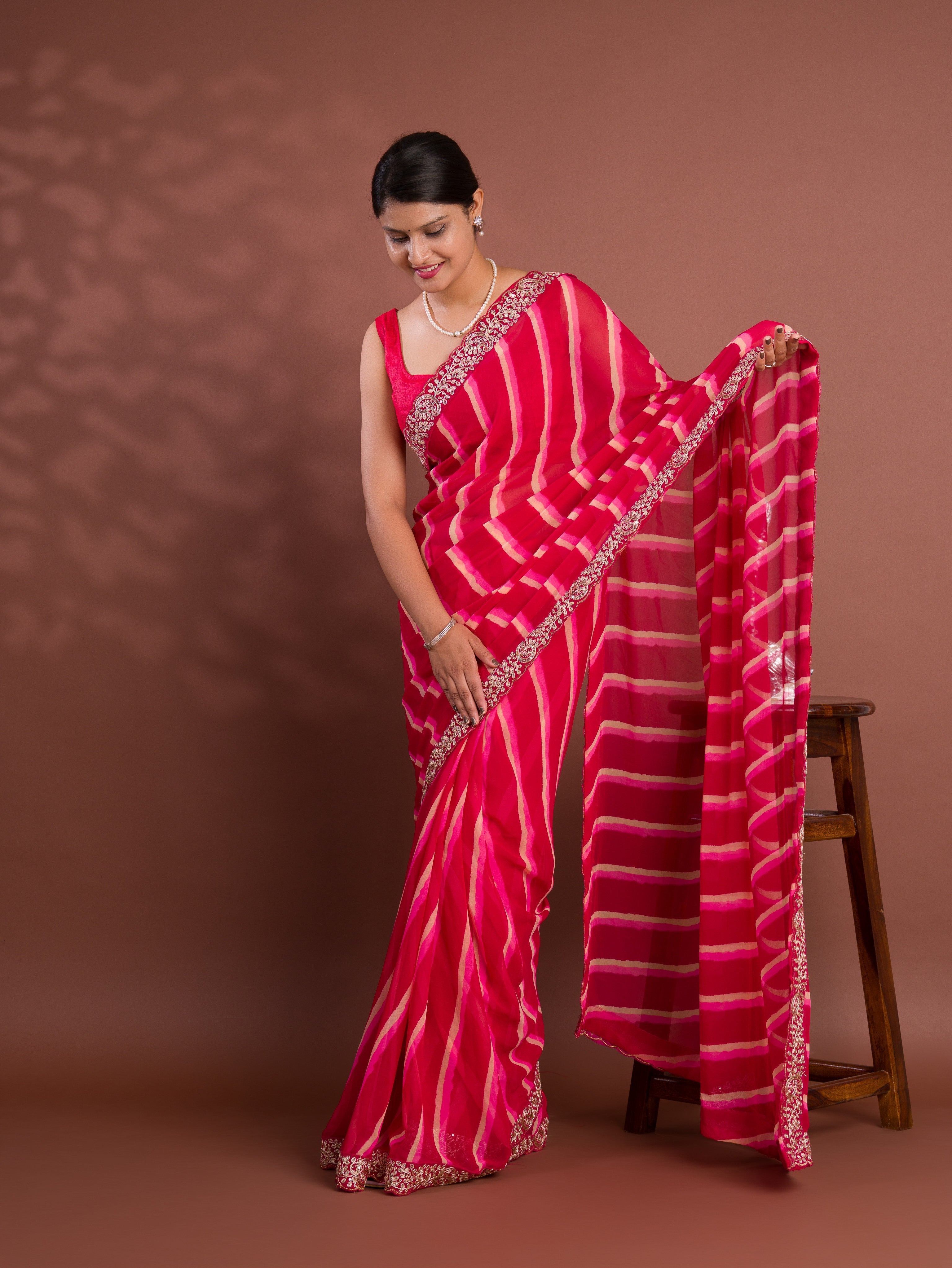 Tanmira Beautiful New Chiffon Leheriya Style With Embroidery Border Work Saree STL
