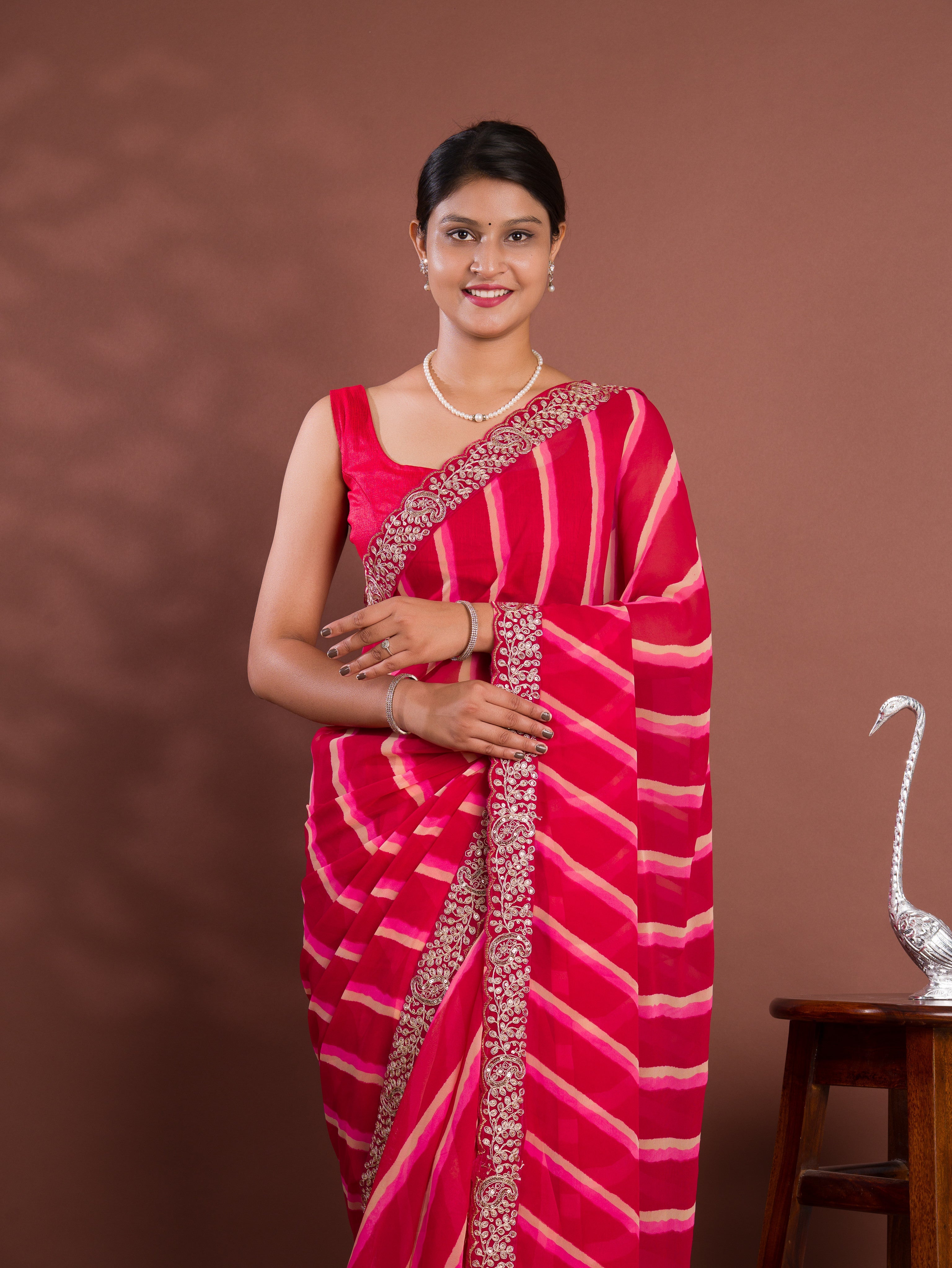 Tanmira Beautiful New Chiffon Leheriya Style With Embroidery Border Work Saree STL