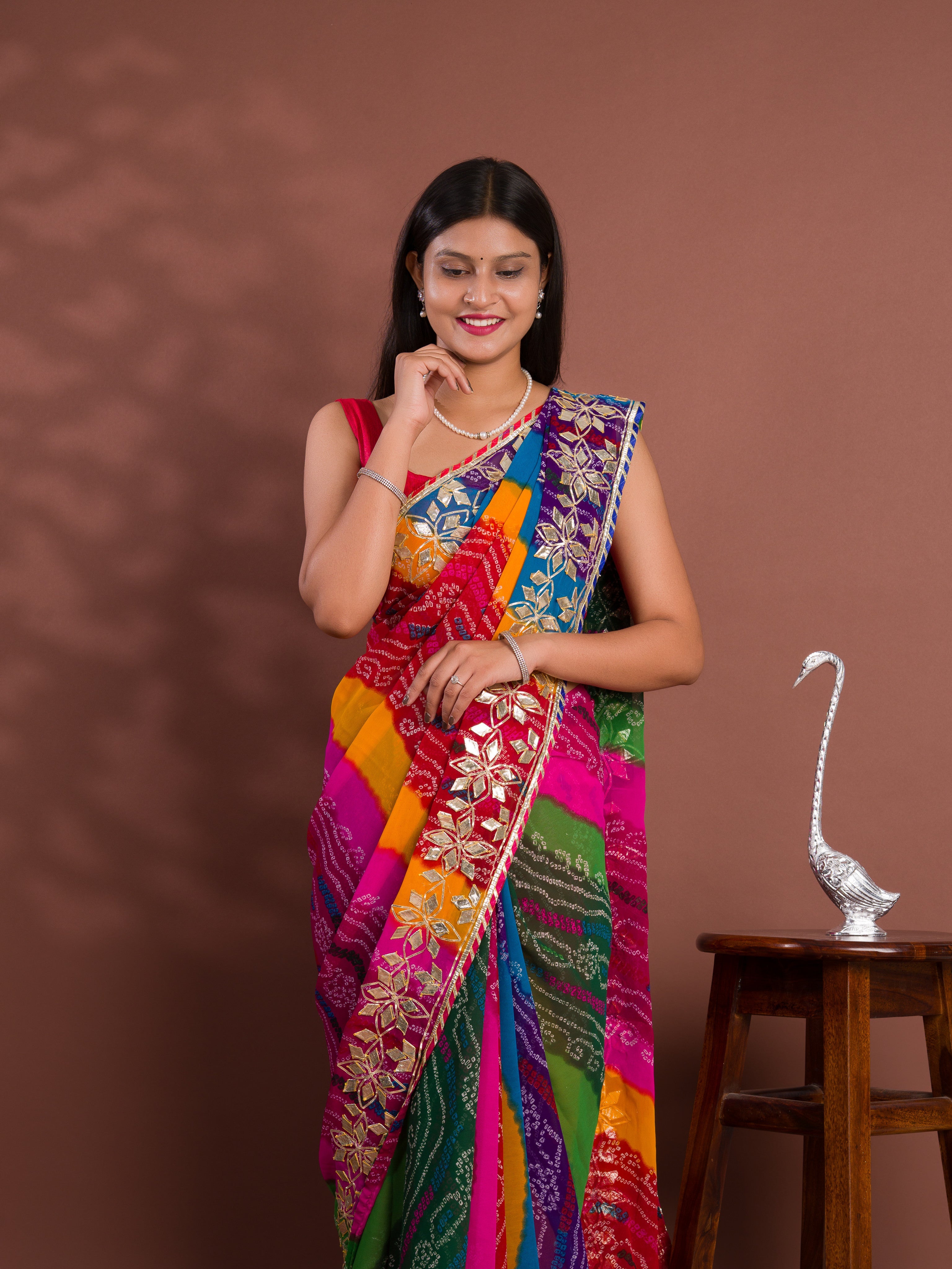 Tanmira New Mos chiffon Silk Bandhani Style With Gotapatti Work Saree MHS