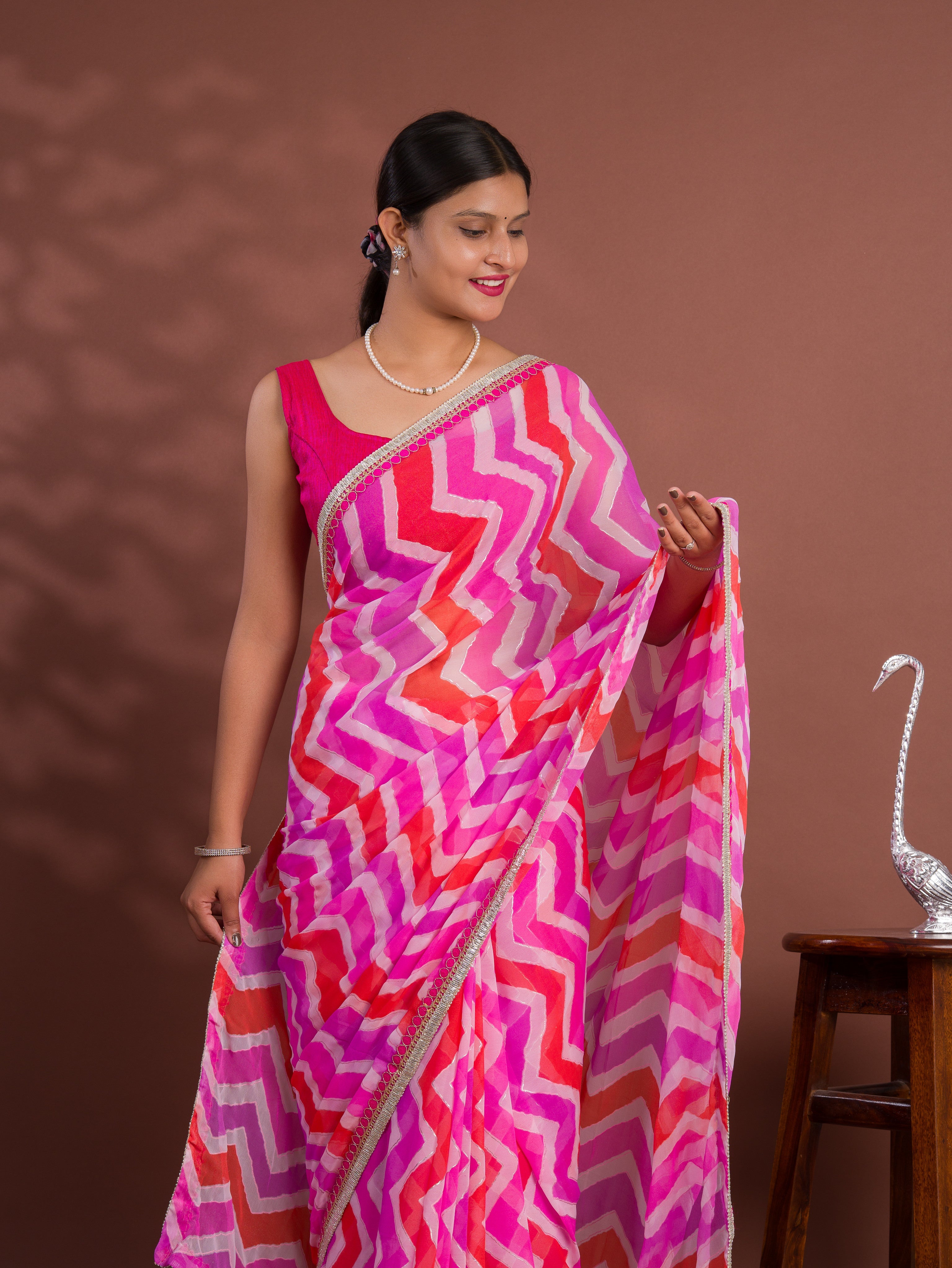 Tanmira New Georgette Lahariya Foil Print Style With Gotapatti Border Work Saree SWA