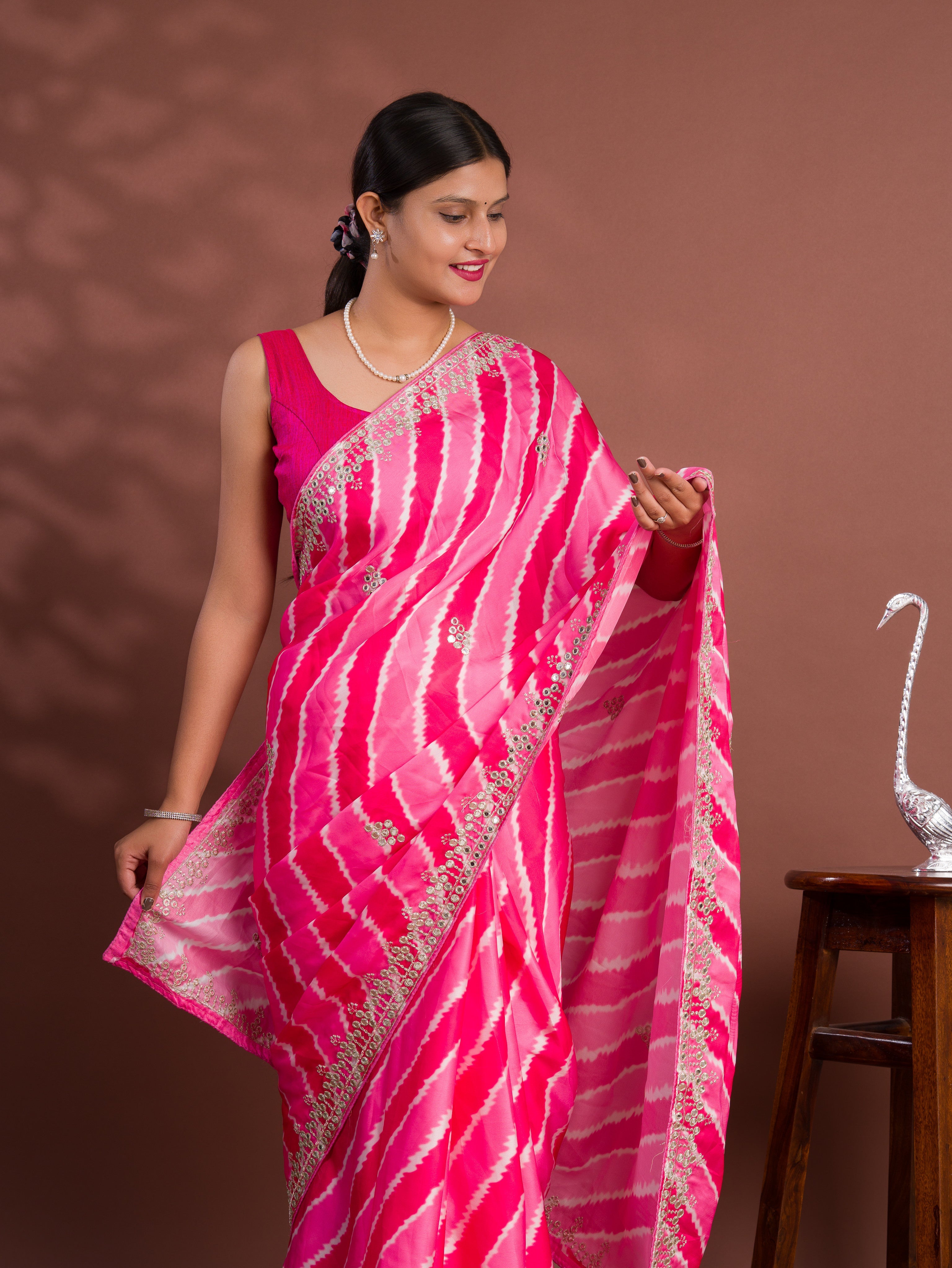 Tanmira New Traditional H O Silk Leheriya Saree With embroidery Mirror Work GAN