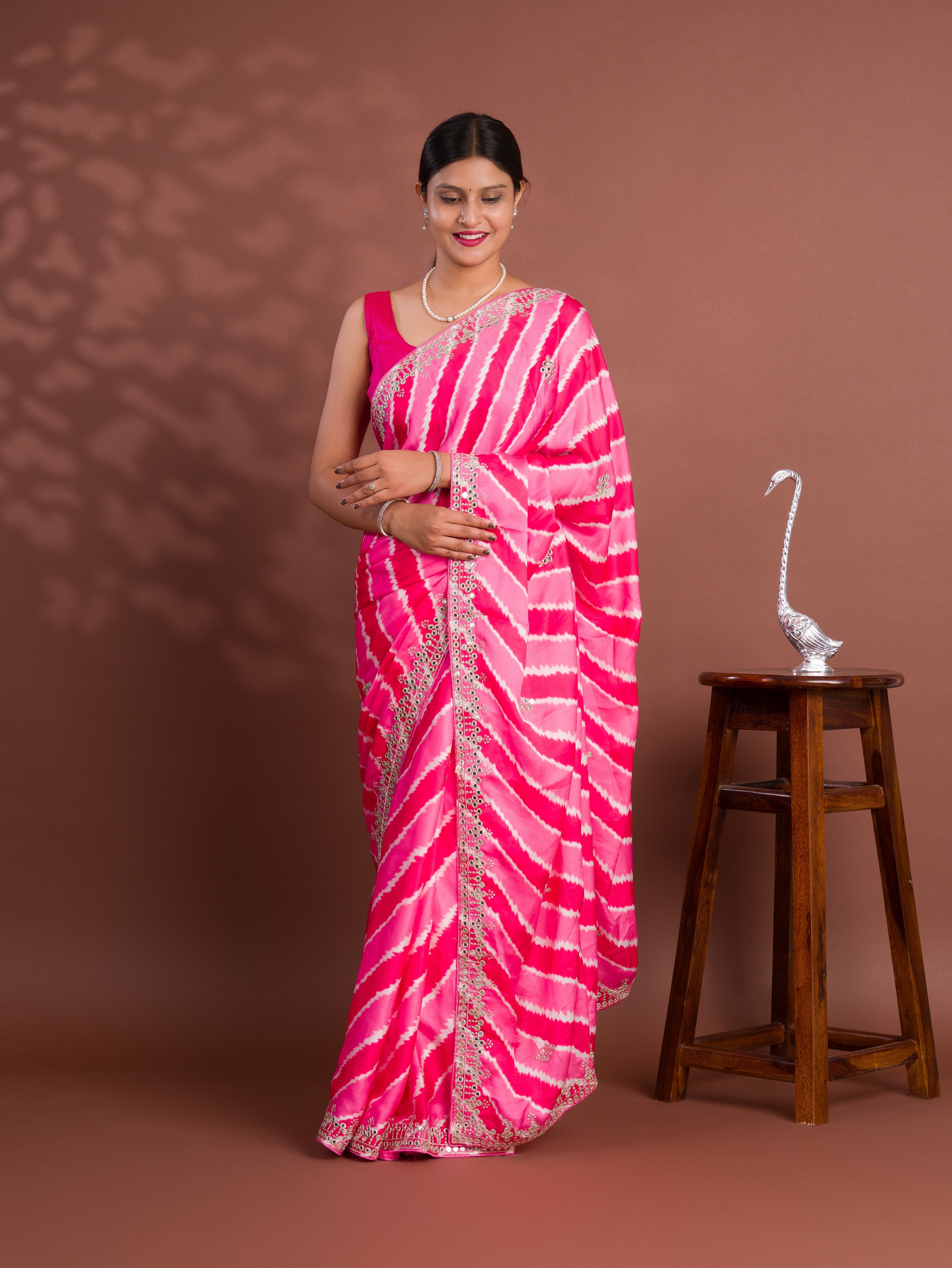 Tanmira New Traditional H O Silk Leheriya Saree With embroidery Mirror Work GAN