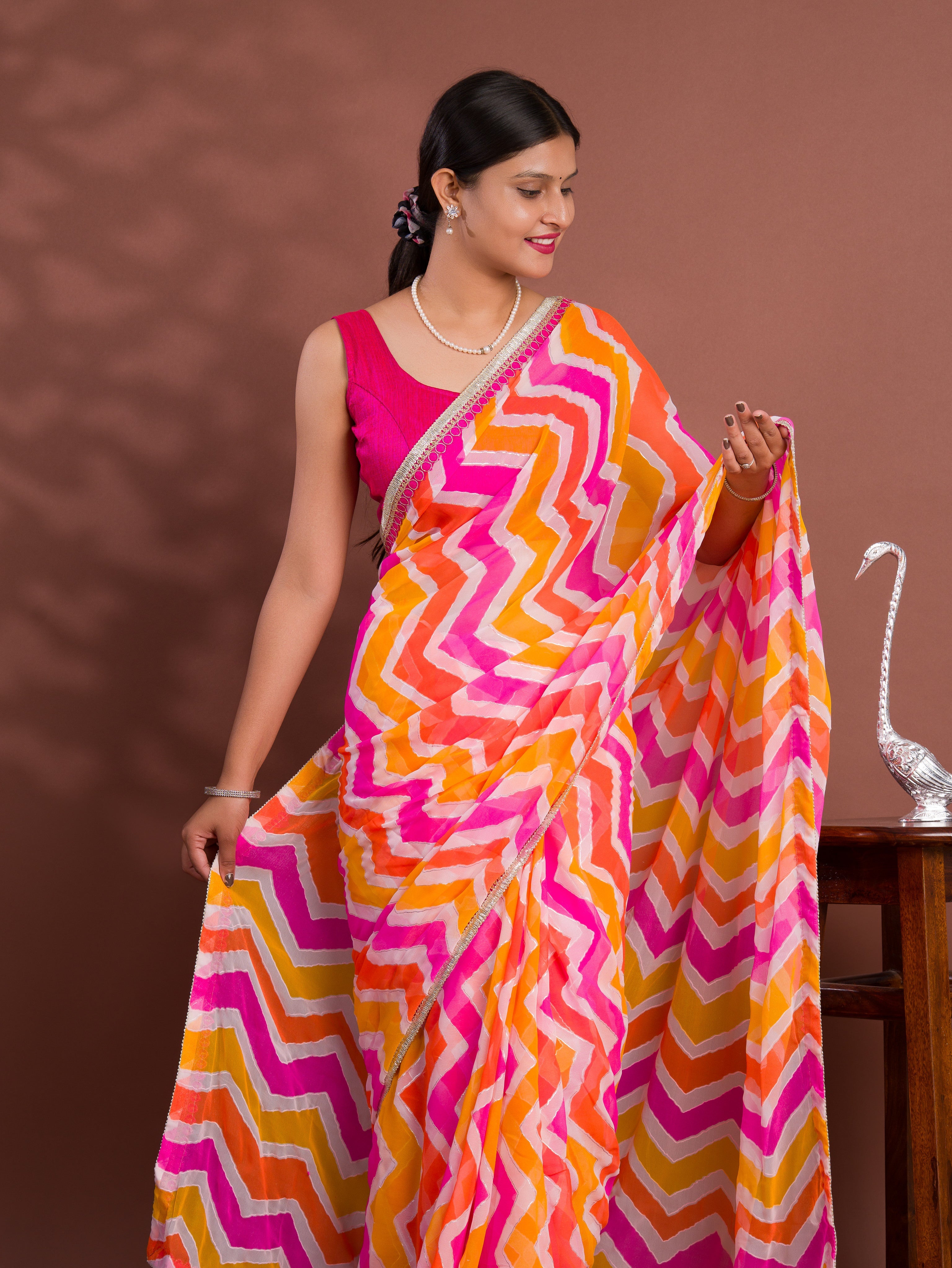 Tanmira New Beautiful Georgette Leheriya Foil Print Style With Gotapatti Border Work Saree SWA