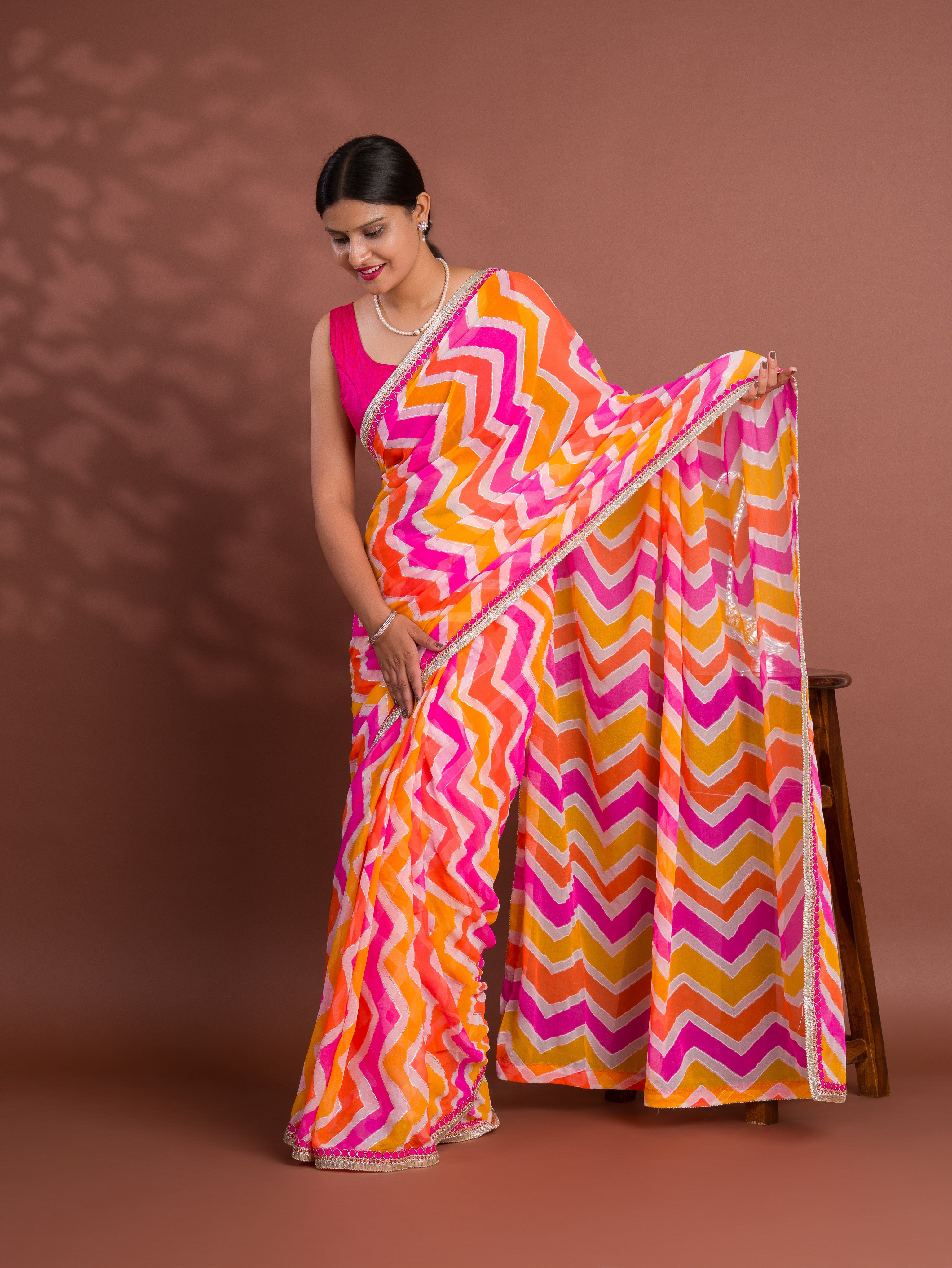 Tanmira New Beautiful Georgette Leheriya Foil Print Style With Gotapatti Border Work Saree SWA