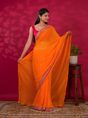 By New Spiceal Chiffon Leheriya Style With Embroidery Border Work Saree