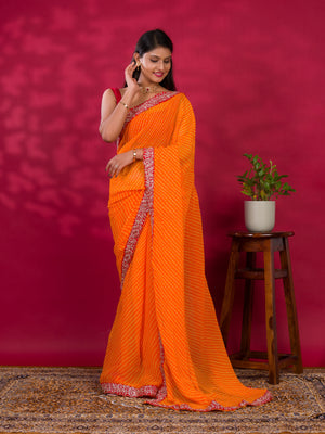 By New Spiceal Chiffon Leheriya Style With Embroidery Border Work Saree