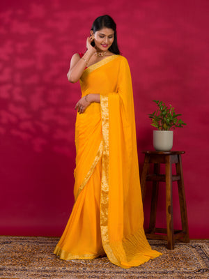 Pure ojariya Chinon in yellow colour saree