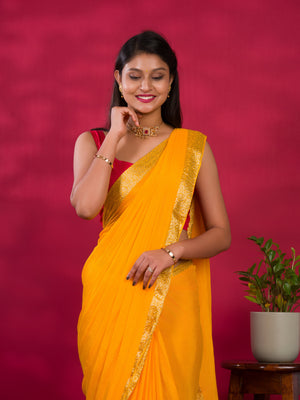 Pure ojariya Chinon in yellow colour saree