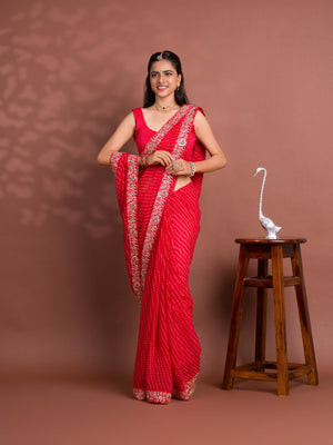 By New Spiceal Chiffon Leheriya Style With Embroidery Border Work Saree