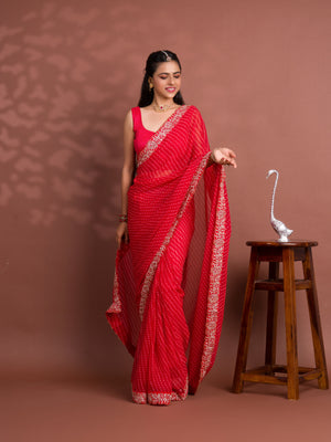 By New Spiceal Chiffon Leheriya Style With Embroidery Border Work Saree