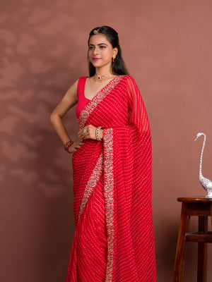 By New Spiceal Chiffon Leheriya Style With Embroidery Border Work Saree