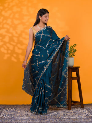 By New Designer Chinon Silk Saree with Traditional Gotapatti Work