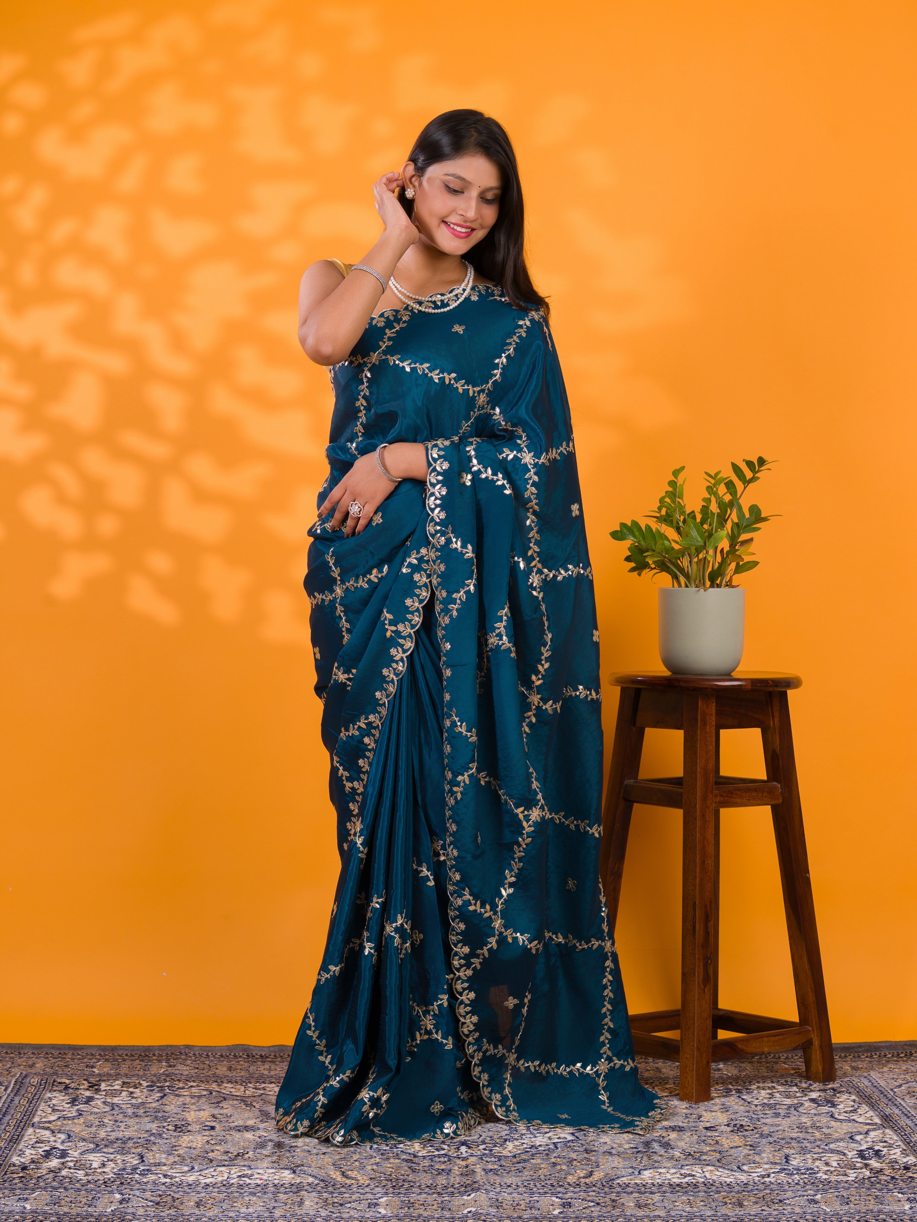 By New Designer Chinon Silk Saree with Traditional Gotapatti Work