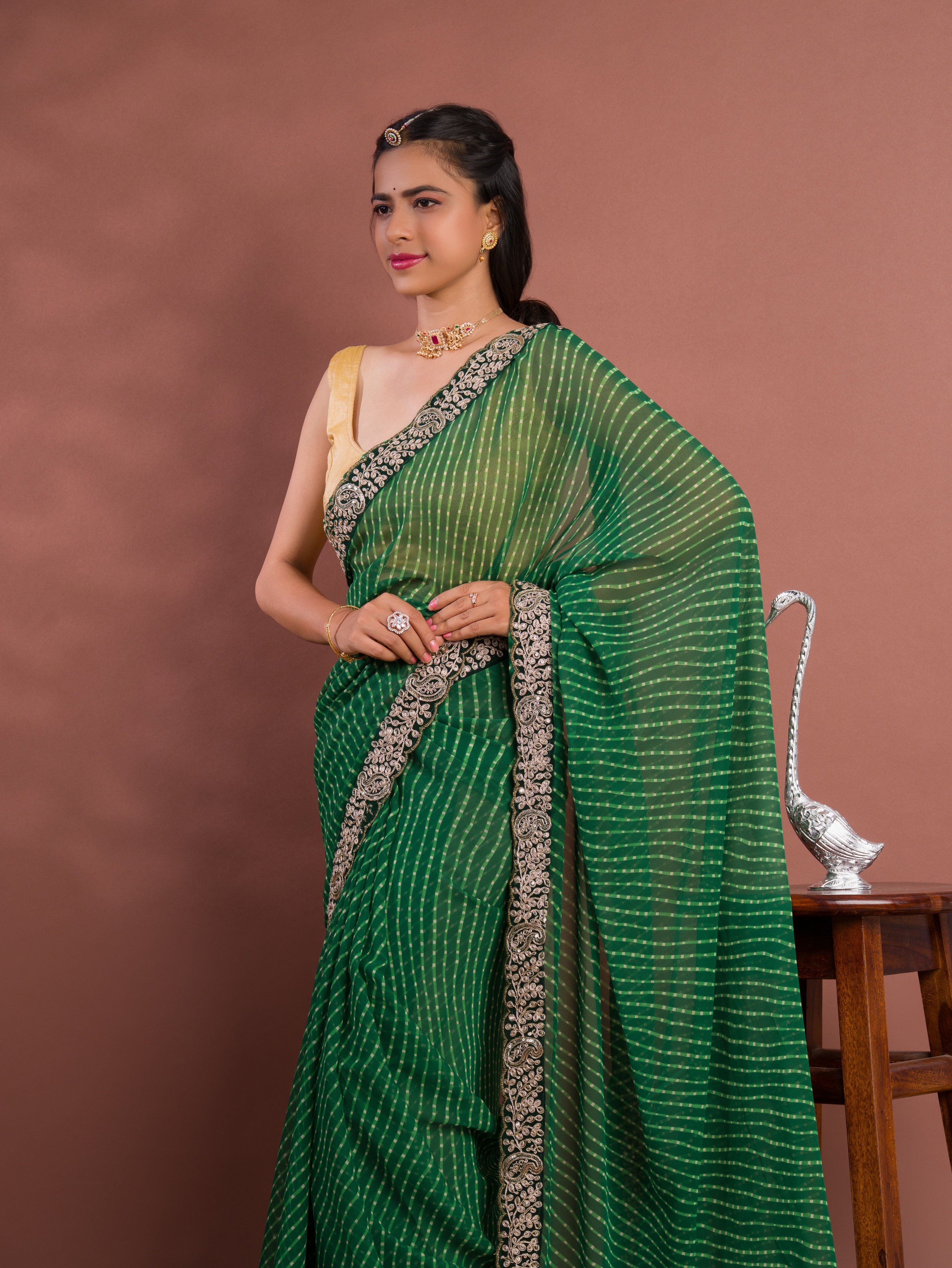 Tanmira New Beautiful Chiffon Leheriya Style With Embroidery Border Work Saree STL