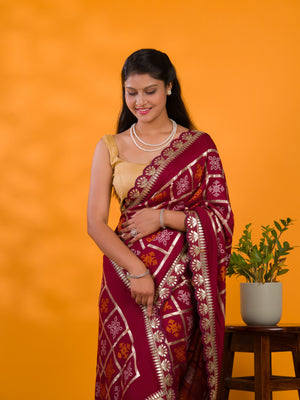 Cotton silk Bandhani Gotapatti Work Saree in maroon colour