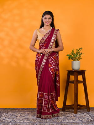 Cotton silk Bandhani Gotapatti Work Saree in maroon colour