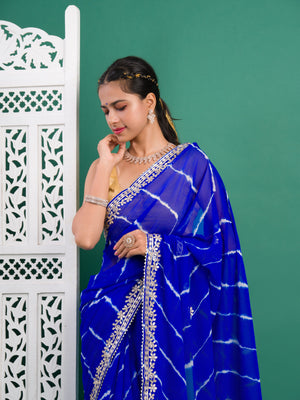 Chiffon Leheriya Style Wih Gotapatti Work Saree in blue color