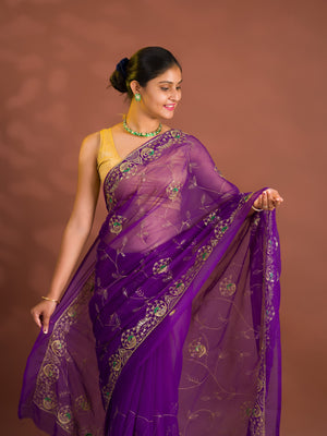 By Designer Saree With Handcrafted Aari Tari Work